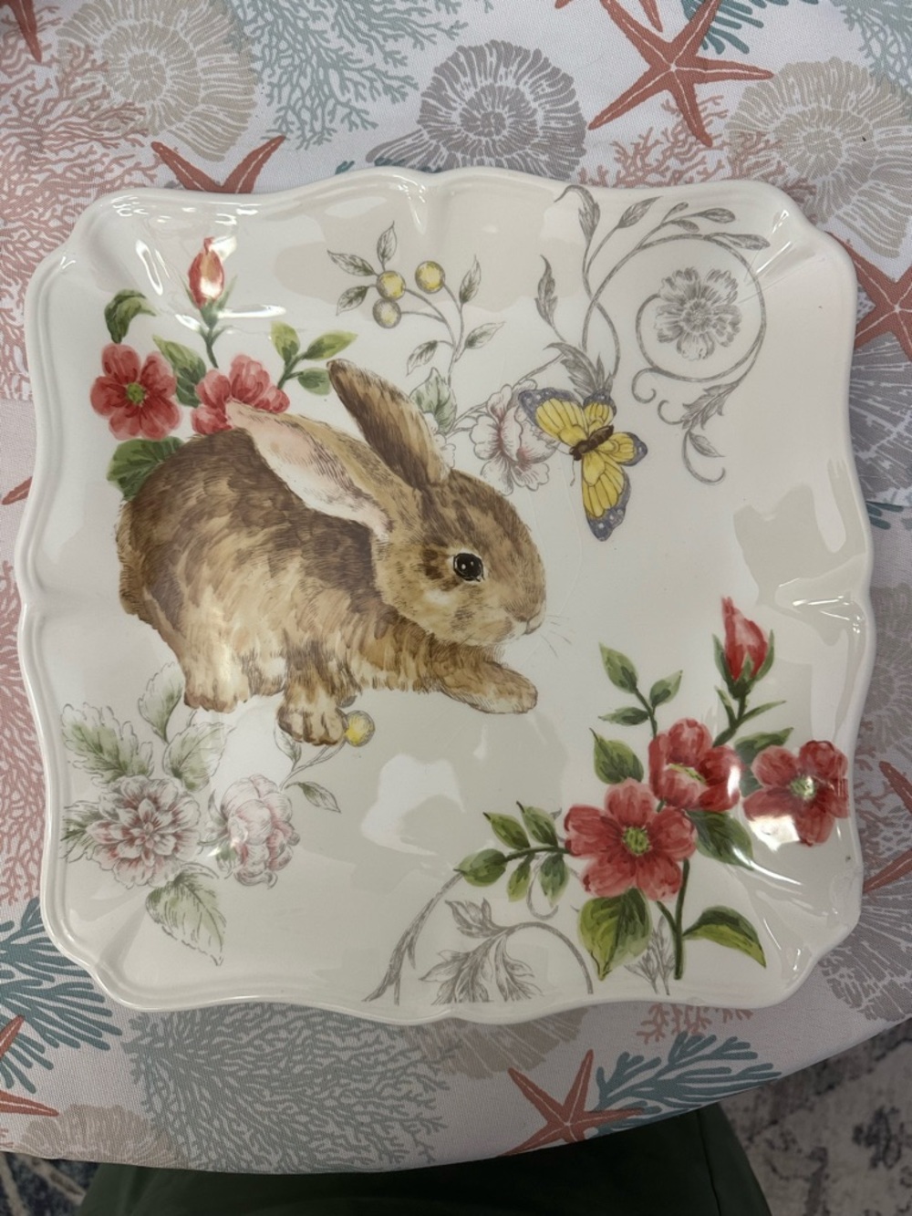 Maxcera Bunny Floral Serving Dish Spring Easter Rabbit Butterfly Cottagecore